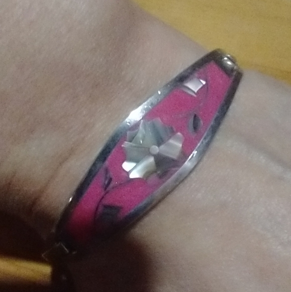 Vintage Alpaca Mexico Bangle Bracelet Flower Pink Enamel Mother Of… - Picture 5 of 16